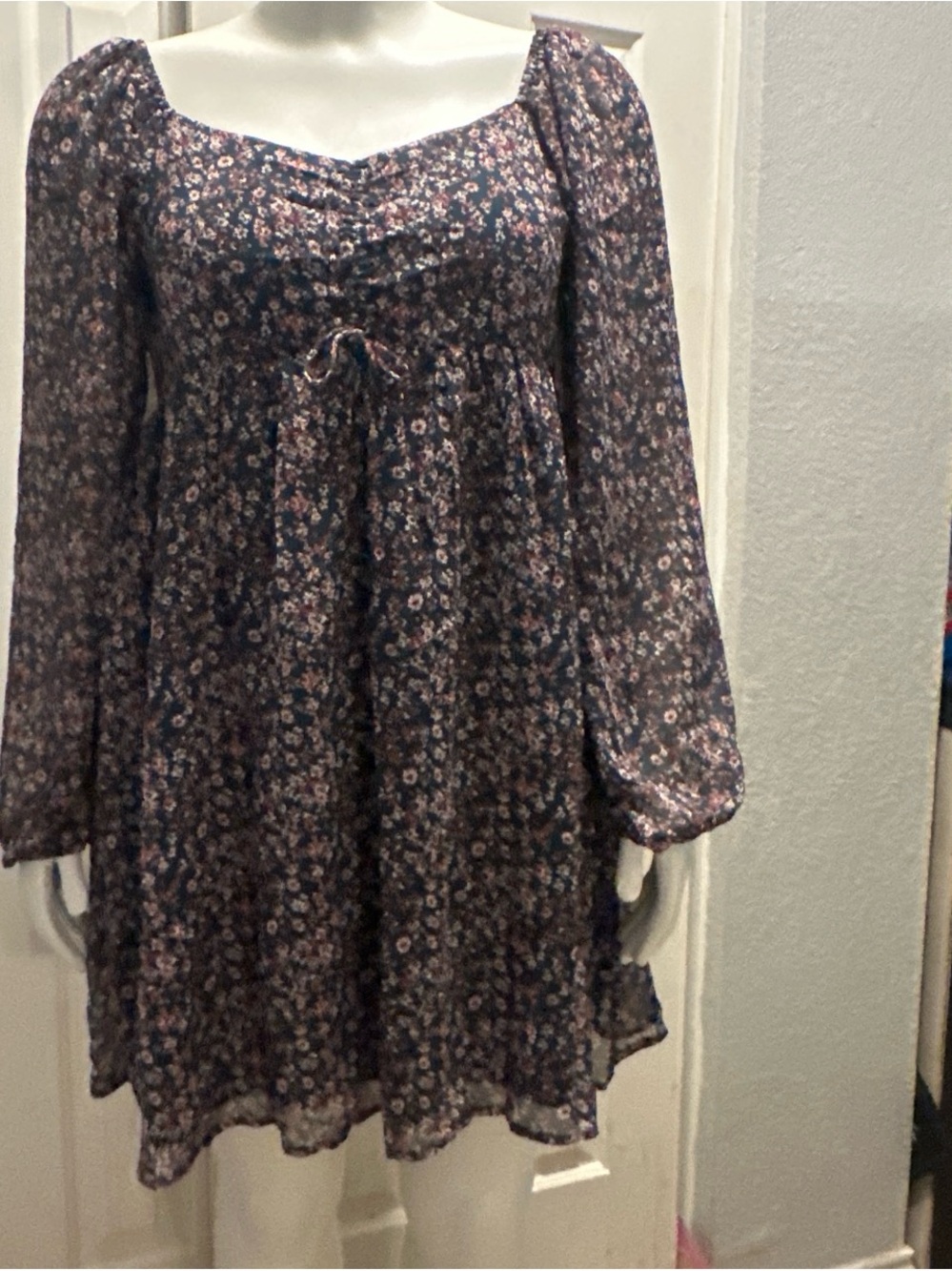 Women's Navy Floral Long-Sleeve Smocked Waist Dress